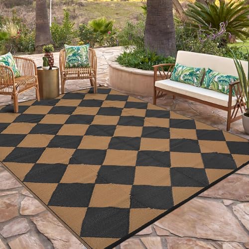 GarveeHome Outdoor Rug 9x12 Waterproof Patio Rug Reversible Plastic Straw Rug Camping Rug Modern Geometric Portable Foldable Large Rugs for RV Porch Balcony Picnic Beach Backyard Black/Brown Diamond
