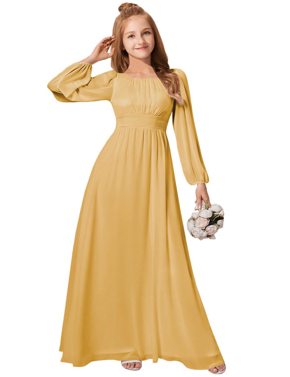 MRHUSH Junior Bridesmaid Dresses Chiffon Flower Girl Dress Long Sleeve Girls Formal Dresses Pleated Wedding Party Dress