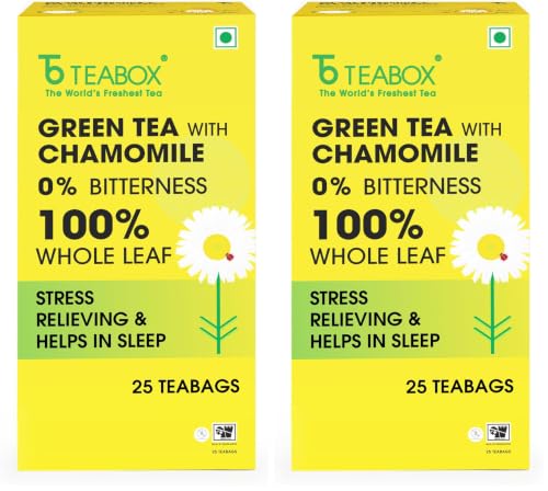 Image of Teabox Chamomile Green Tea 25 Tea Bags | With Egyptian Chamomile Flowers & Whole Leaf Green Tea | Calming Blend for Relaxation & Sleep | Low Caffeine, Fresh & Aromatic (Pack of 2)