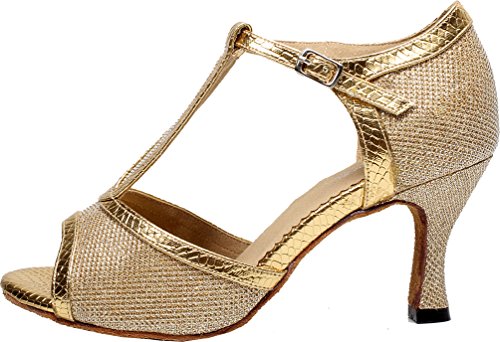 Chaussures de danse latine femme or a semelle ouverte et bride T-bar