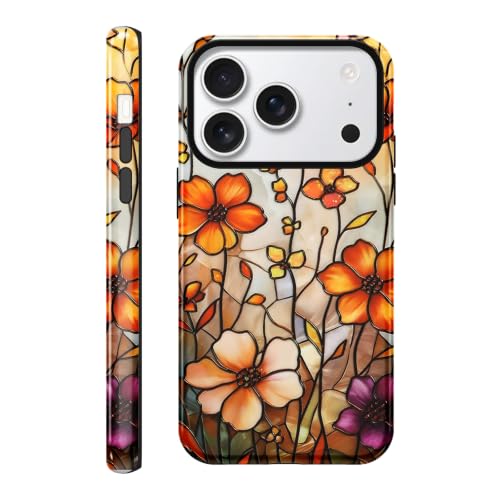 lioscre for iPhone 17 Pro Max Fall Stained Glass Flower Phone Case 6.9", Aesthetic Autumn Orange Floral Case Cute Pattern Design Cover Anti-Scratch Glossy 2-Layer Hard Prevention Funda for Woman Girls