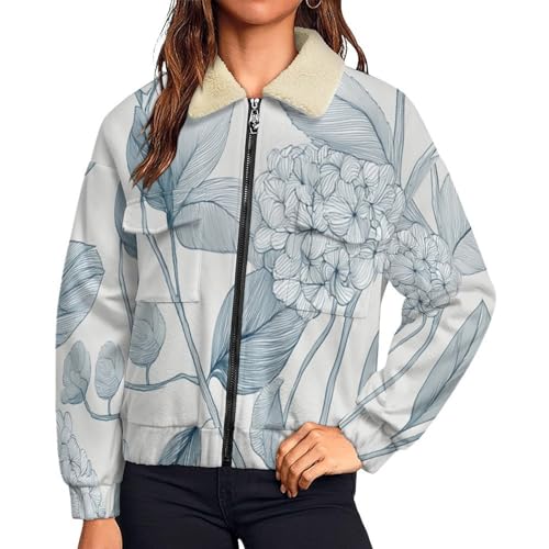 Manteau en peluche femme col revers et imprimé hortensia tendance pour l'hiver