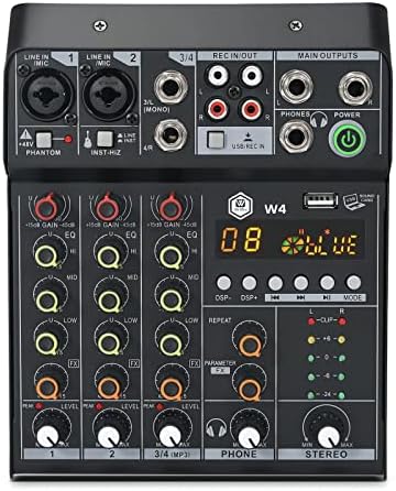 INMix W4 4 Channel dj Bluetooth Audio Mixer with Effects, USB Interface, Stereo Recording, 48V Phantom Power，Sound Mixing Board for Live, Wedding, Party, Recording Broadcast