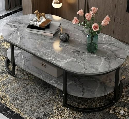 Image of Modern Large Coffee Table Center Table, Beautiful Sofa Table Simple Design - 2 Tier Nesting Coffee Table Living Room Table for Home,& Office (Grey Black)