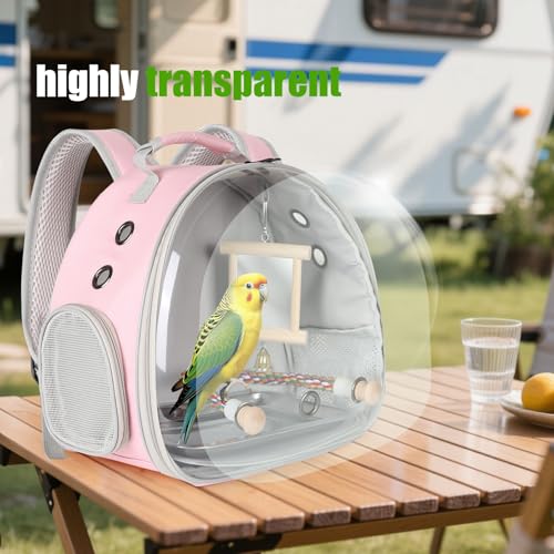 Image of Portable Parrot Travel Cage Carrier with Mirror Standing Toy Set Small Bird Parakeet Bag with Standing Perch Bird Carry Transport Bag (Pink, Backpack /Mirror)