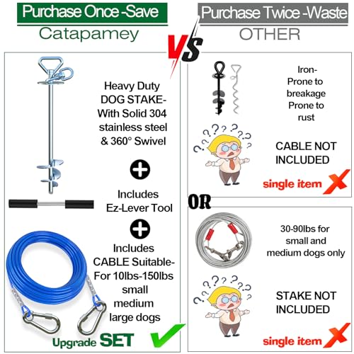 Dog Tie Out Cable and Stake,(up to 200lbs) 360° Swivel Dog Run Anchor -with 15FT Heavy Duty Cable,Runner for Yard-Dog Stake for Yard Outdoor Camping