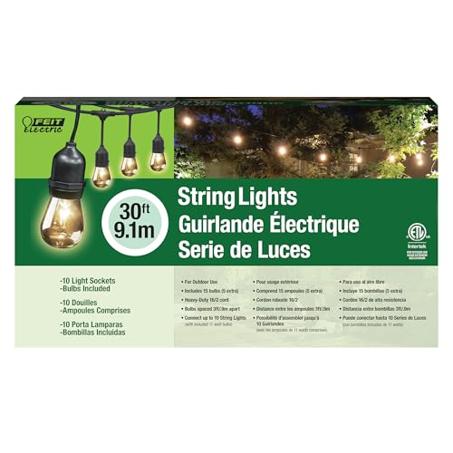 Feit Electric 30ft Outdoor Incandescent String Lights, Warm Amber Glow, Heavy-Duty Weatherproof Cord, Includes 10 Clear Bulbs + 5 Spares, End-to-End Connectable for Patios and Gazebos, SL30-10