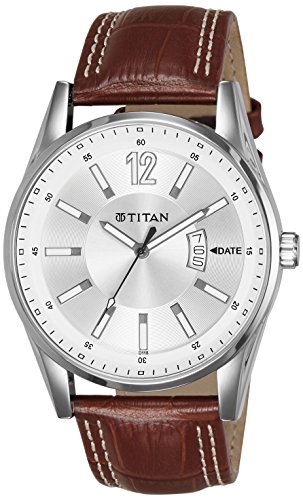 Image of Titan Men Leather Analog White Dial Watch - Ne9322Sl03A, Band Color-Brown