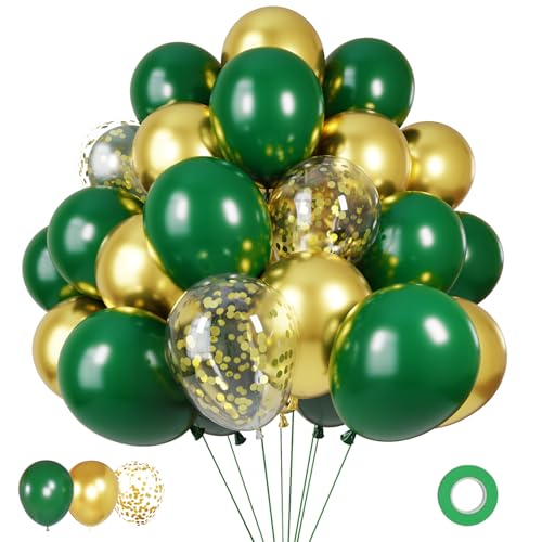 Image of Green and Gold Balloons,60Pcs Green Balloons | 12in Latex Balloon for Birthday, Graduation, St. Patrick's Day, Jungle Party Decorations