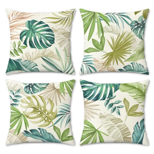 COZZSNUGE Housses de Coussin Feuilles Tropicales 45x45 cm, Lot de 4 Feuille de Palmier Vert Jaune Extérieur Polyester Taie d'oreiller Decoratif pour Canapé...