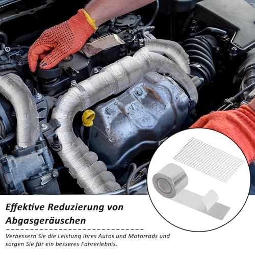 Foonary Hitzeschutzband Auspuff, Selbstklebend Klebeband Aluminiumband Hitzebeständig Hitzeschutzbands 20M x 5cm Auspuffband Selbstklebend mit 20 Kabelbinder hitzeschutzband für Auto Motorrad Krümmer