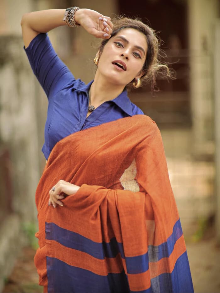 Image of Women's Cotton Woven Soft Sarees With Attach Blouse Piece.