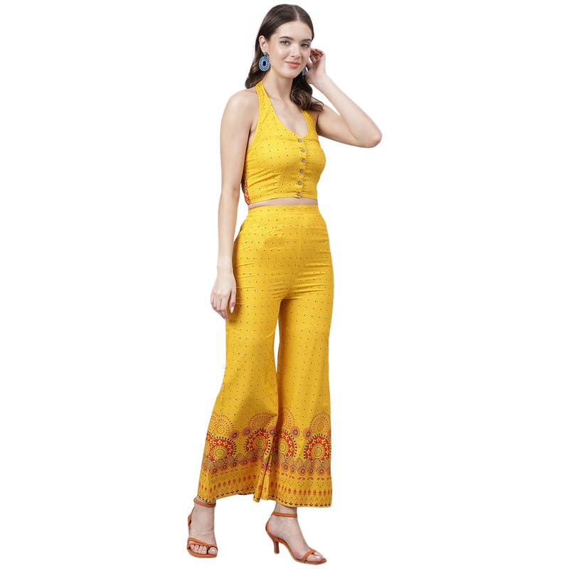 Image of Women's Boho Sleeveless Yellow Crop Top and Wide-Leg Pant Set with Intricate Border Print for Party Birthday | Western Dress for Women