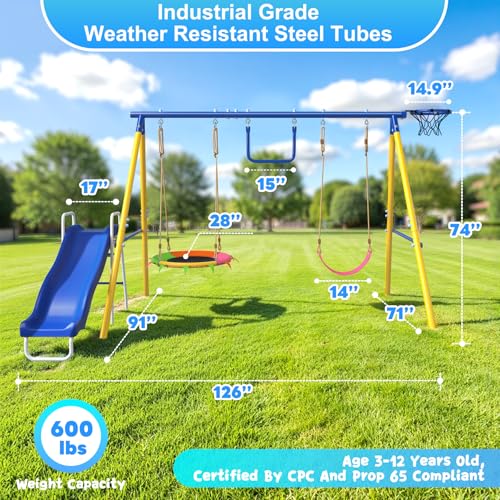 Image of 5-in-1 Kids Swing Set Slide, Saucer, Trapeze, Belt Swing and Basketball Hoop, Heavy Duty 600lbs, Metal Swing Sets for Backyard Ages 3-12