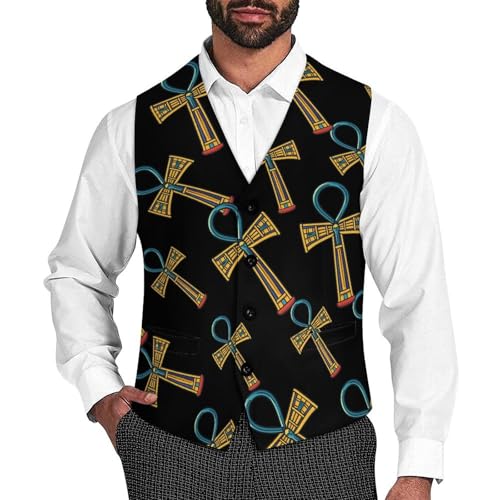 Egyptian Ankh Symbol Men's Suit Vests Business Formal Dress V-Neck Waistcoat Tops with 2 Pockets