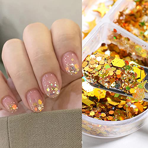 Laser Glitter Gold&Silver Nail Art Sequins Moon Star Heart Powder Shapes Nail Flakes Holographic Nails Supplies Nail Art Glitters Design For Nail Art Gel Polish Diy Sparkly Fingernail Decoration #TOP2