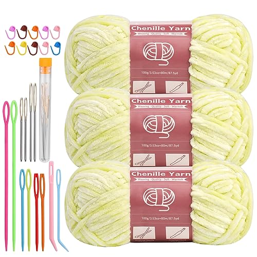 Image of LUNARM Chenille Yarn 3 Pack 3.5oz Chunky Blanket Velvet Yarn 263 Yard | Light Yellow Chunky Chenille Yarn for Beginners Crocheting Hand Knitting Scarves with Big Eye Needles Machine Washable