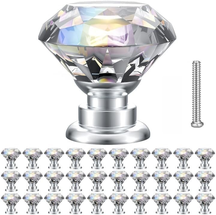 VIRILL 30 Pack Crystal Cabinet Knobs 30mm Crystal Handle Pull with 25mm Sizes Screws for Dresser, Drawer, Cabine,Wardrobe, Cupboard
