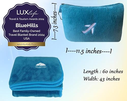 Image of BlueHills Travel Blanket Pillow in Mini Soft Case Premium Plush Airplane Blanket in Soft Bag Compact Pack with Luggage Belt and Backpack Clip Airline Car 2 in 1 Traveler Essentials - Teal Blue M03