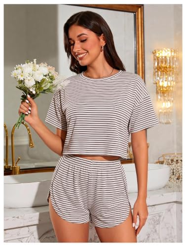 Image of OYOANGLE Womens Pajama Sets 2 Piece Sexy Lounge Sets Summer Cute Pjs Striped Print Tee and Side Split Shorts Set