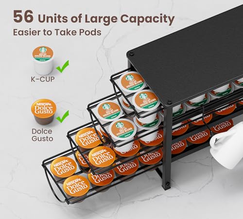 Image of HFHOME Coffee Pod Organizer for Countertop, 4-Tier Metal Storage Drawer, Holds 56 Capsules, Coffee Station Holder for Kitchen, Office, or Home, 3 cup rack, Black