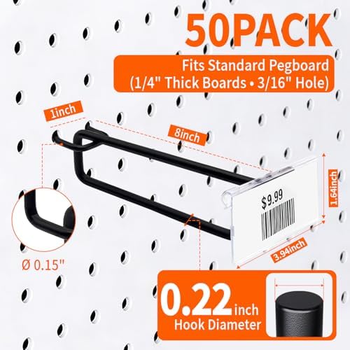 Suntree 50 Pcs 8 Inch Long Pegboard Hooks with Label Slot for 1/4" Pegboard, Extra Long Heavy Duty Hangers for Tools, Cables, Bulk Storage – Garage & Shop Organization - 1