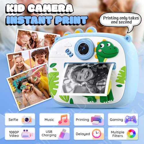 Image of PLUSPOINT Cute Cartoon Instant Print Camera for Kids, Dual Selfie Digital Camera with 1080P HD Videos Recoding, Instant Photo Printer Best Birthday Gift for Boys and Girls