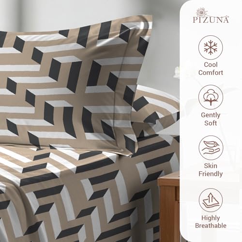 Image of Pizuna 100% Cotton Bedsheet Super King Size with 2 Pillow Covers, 400 Thread Count Long Staple Cotton, Mosaic Printed Pattern Flat Bed Sheet 108X108 Inch for Superking Bed, Beige