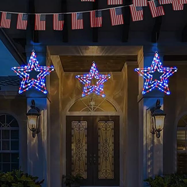 BlcTec 4th of July Decorations 3 Layers of 14inch Red White Blue Big Stars with Rotatable Function, Durable Metal Frame Patriotic Stars Lights with Remote, 8 Modes & Timer for July 4th Decor, 2 Packs