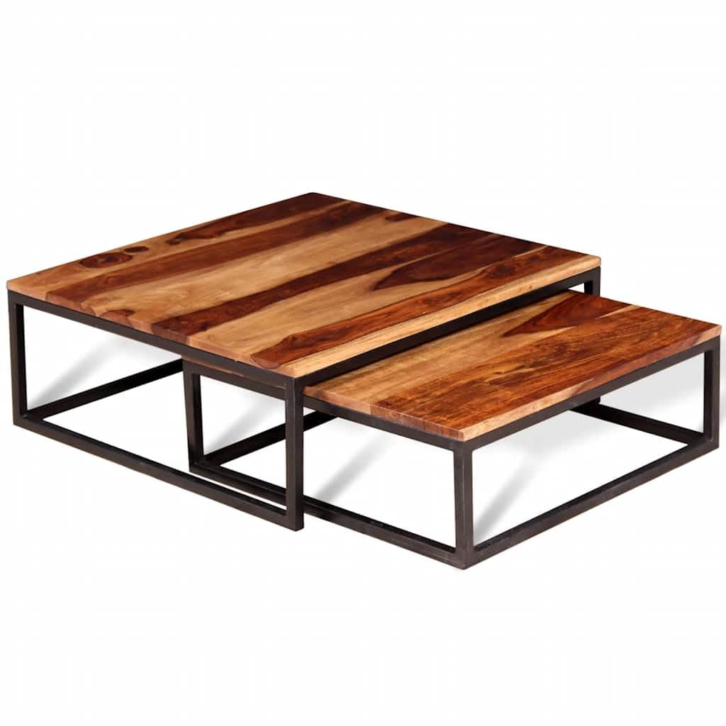 Hothingwell - Juego de mesa baja (2 unidades, madera maciza) | Estilo Retro, Acabado Mate, Madera Duro Tropical, Marco Metal Industrial, Diseño Emboitable