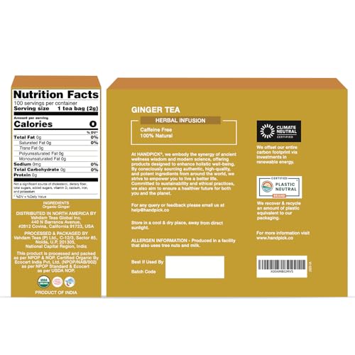Image of HANDPICK Organic Ginger Tea (100 Tea Bags) 100% Pure Ginger Root, Non GMO