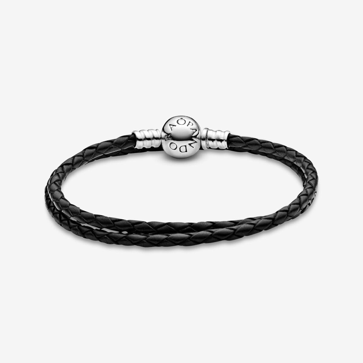 PANDORA Moments doppeltes schwarzes Lederarmband mit Kugelverschluss aus Sterling Silber, Kompatibel Moments, Größe: 44cm, 590745CBK-D4