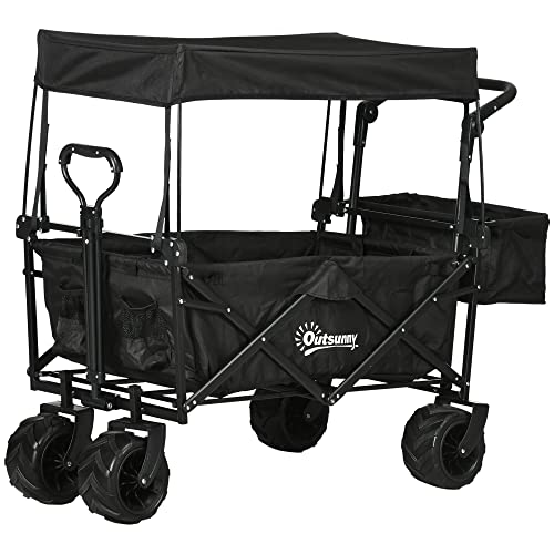 DURHAND Folding Trolley Cart Storage Wagon Beach Trailer 4 Wheels with Handle Overhead Canopy Cart Push Pull For Shopping Camping, Black