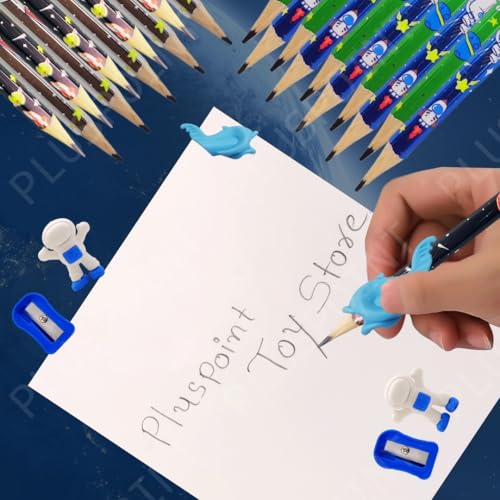 Image of PLUSPOINT 26 Pcs Space Theme 20 Pencils for Kids with 2 erasers 2 sharpeners 2 Grips Astronaut Space Design Perfect for Birthday Classroom and School Supply