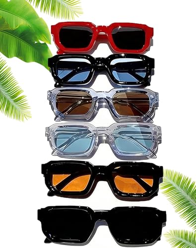 POTAY 6 - Pack Vintage Rectangle Frame Sunglasses For Men & Women With Uv400 Protection Trendy Retro Thick Frame Sun Glasses (6pcs)