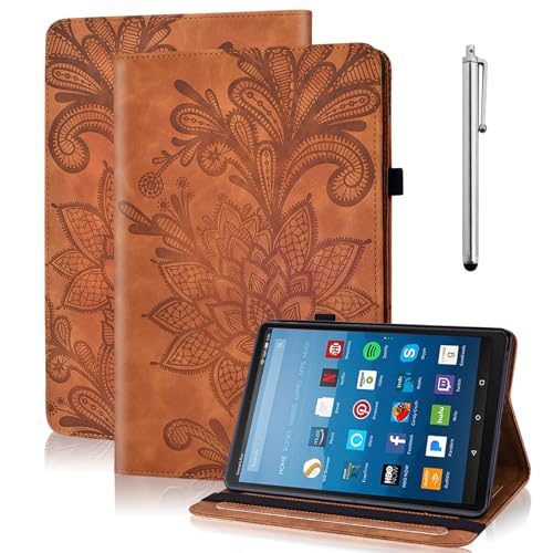 TUOLISG for Kindle Fire HD 8 Tablet Case 8th/7th/6th Generation 8 inch with Card Slots, Flower Pattern Embossed PU Leather Folio Wallet Case for Kindle Fire HD 8 2018/2017/2016, Brown by TUOLISG - Used condition - US$13.56