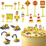 CONTENU DU SET: Ensemble de 19 pièces comprenant des véhicules de construction miniatures et des panneaux de signalisation pour une décoration de gâteau unique