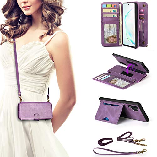 CORNMI Galaxy Note 10 Plus Wallet Case, Mirror 13 Card Holders Crossbody Wrist Strap Kickstand Detachable Purse Leather Folio Zipper Pocket Flip Protective Cover for 5G Galaxy Note10 Plus 6.8'' Purple