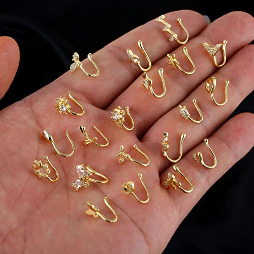 Jdxn 24 Pcs Fake Nose Rings Set Ear Clips Non Piercing Earrings Inlaid Cz Non Piercing Jewelry Fake Nose Ring Spring Clip On Circle Hoop No Pierced Body Jewelry Set For Women Men (24Pcs Gold Plated) #TOP7