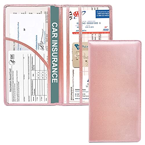 dadop Car Registration and Insurance Holder, Premium PU Leather Vehicle Glove Box Paperwork Wallet Case Document Organizer for ID，Driver’s License, Key Contact Information Cards (Pink)