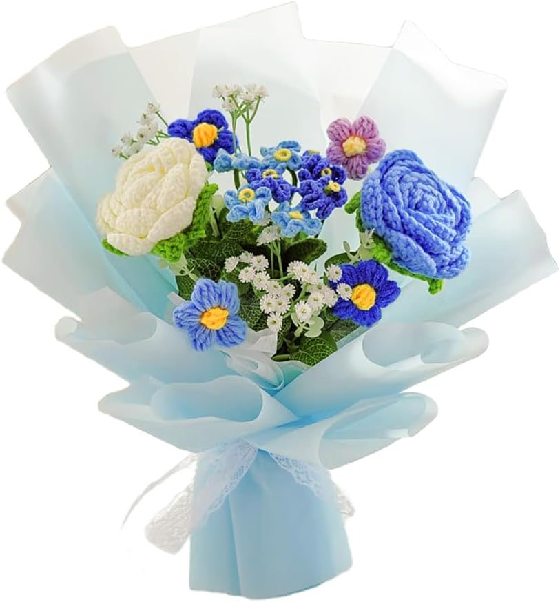 Handmade Crochet Rose Flower Bouquet: Artificial Knitted Rose Gift for Wife Mother Girlfriend for Festival Wedding Graduation Anniversary (Pink)