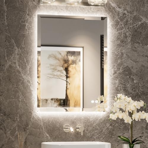 TETOTE 24 x 32 LED Mirror Backlit, Beveled Bathroom Mirror Backlight, Safe Tempered Glass, 3 Color Temperature, Defogger, Adjustable Brightness, Smart Bathroom Mirror, Lighted Vanity Mirrors for Wall