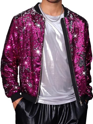 Image of Lars Amadeus Sequin Varsity Jacket for Men's Zipper Party Disco Flip-Sequin Shiny Bomber Jackets