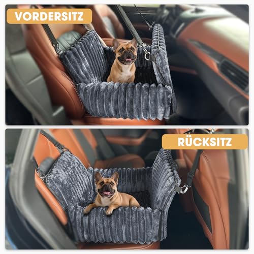 MIXJOY Hunde Autositz für kleine bis mittlere Hunde, Waschbarer Ansteckbare Leine verdickter Memory-Schaum-Füllung, Hundebett Auto für Rückbank Vordersitz, Grau