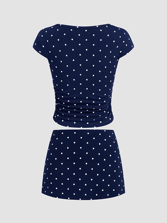 Pivanzore Women Y2k Polka Dot Skirt Set Short Sleeve Boat Neck Crop Top and Low Rise Mini Skirt Sexy Slim Fit 2 Piece Outfits