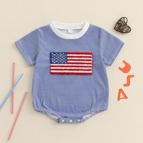 Madjtlqy Baby Boy Girl 4th of July Outfit Letter Print Short Sleeve Oversized Bubble Romper Cute Infant patriotic clothes4
