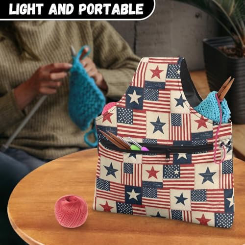 Image of KUIFORTI Plaid Star Knitting Yarn Bag July 4th Crochet Bags for Women Knitting Needles, Yarns and Unfinshed Project, Crochet Hook Organizer Independence Day Decoration