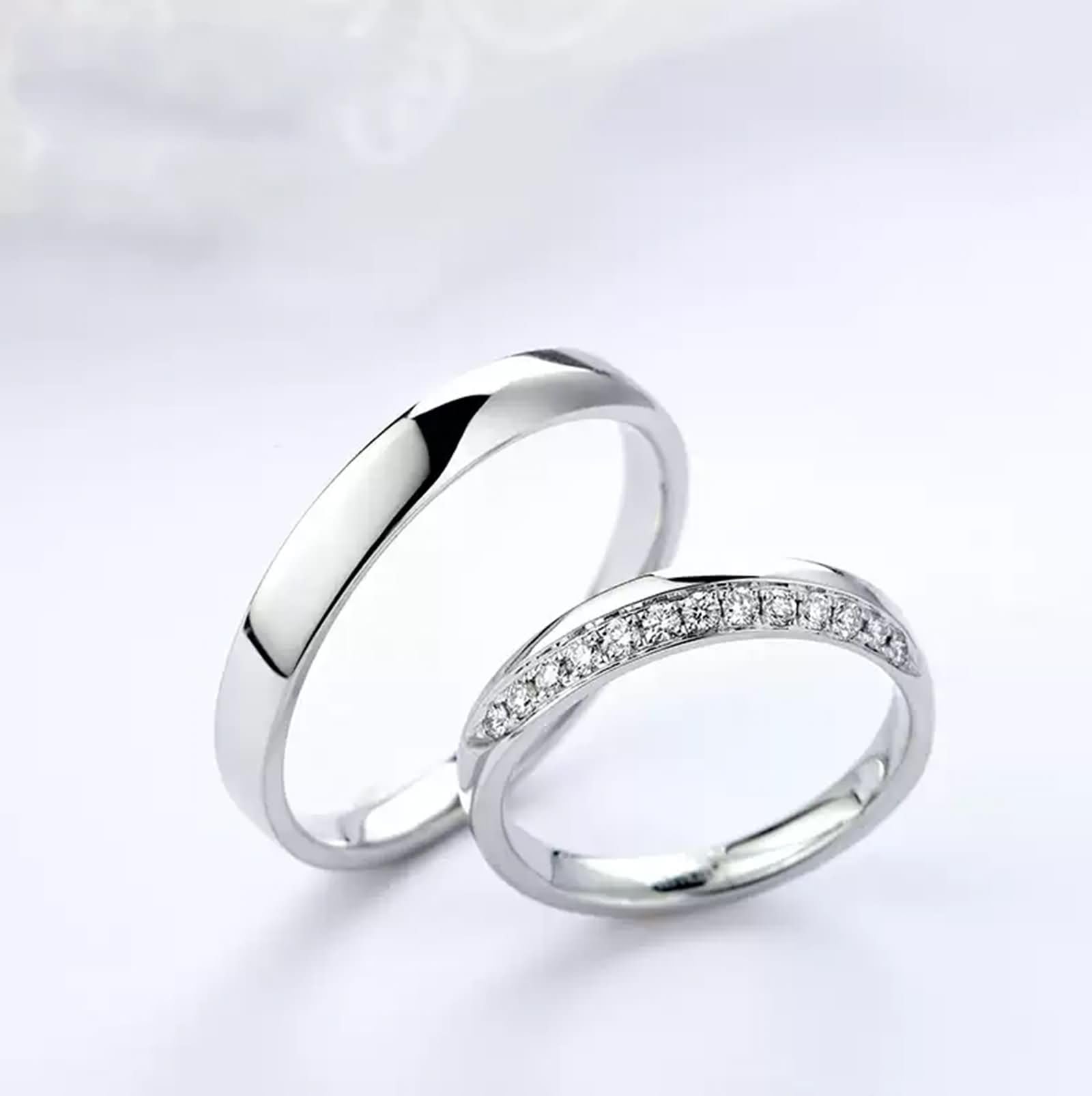 Oro Bianco 9K / 14K / 18K Anello Fedina Coppia, Rotondo Semplice con Diamante da 0,15 ct, Anello Fedi Nuziali Uomo Donna di Argento
