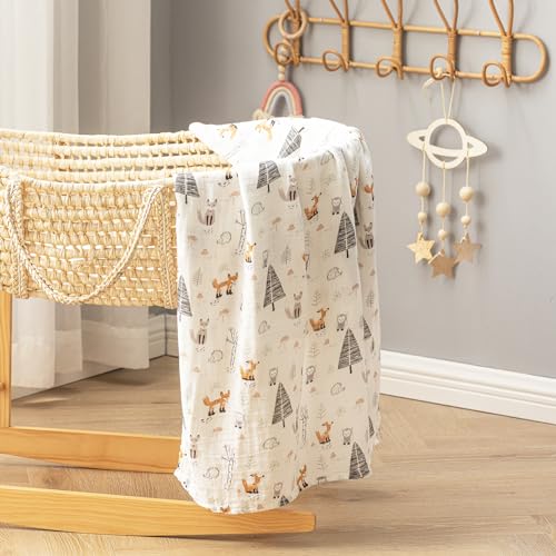 Image of BabyWhale Muslin Swaddle Blanket with Hat and Headband Bow, Animals Print Swaddle Set for Baby Boys ＆ Girls, Newborn Soft Receiving Blanket Wrap, Owls, Foxes, Hedgehogs Pattern, 47x47 inches