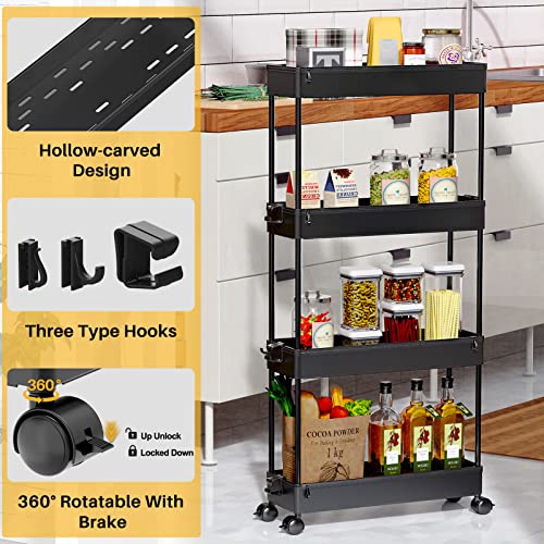 SPACEKEEPER Slim Rolling Storage Cart 4 Tier Bathroom Organizer Cart Mobile Shelving Unit Slide Out Utility Cart for Kitchen, Bthroom, Makeup, Craft, Laundry Narrow Places, Black — view 4